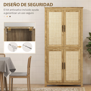 Alacena de Cocina, Mueble Auxiliar de Cocina Alta, con 4 Puertas de Ratán y Estantes Ajustables, Estilo Bohemio, Natural, 80x33x162,6 cm