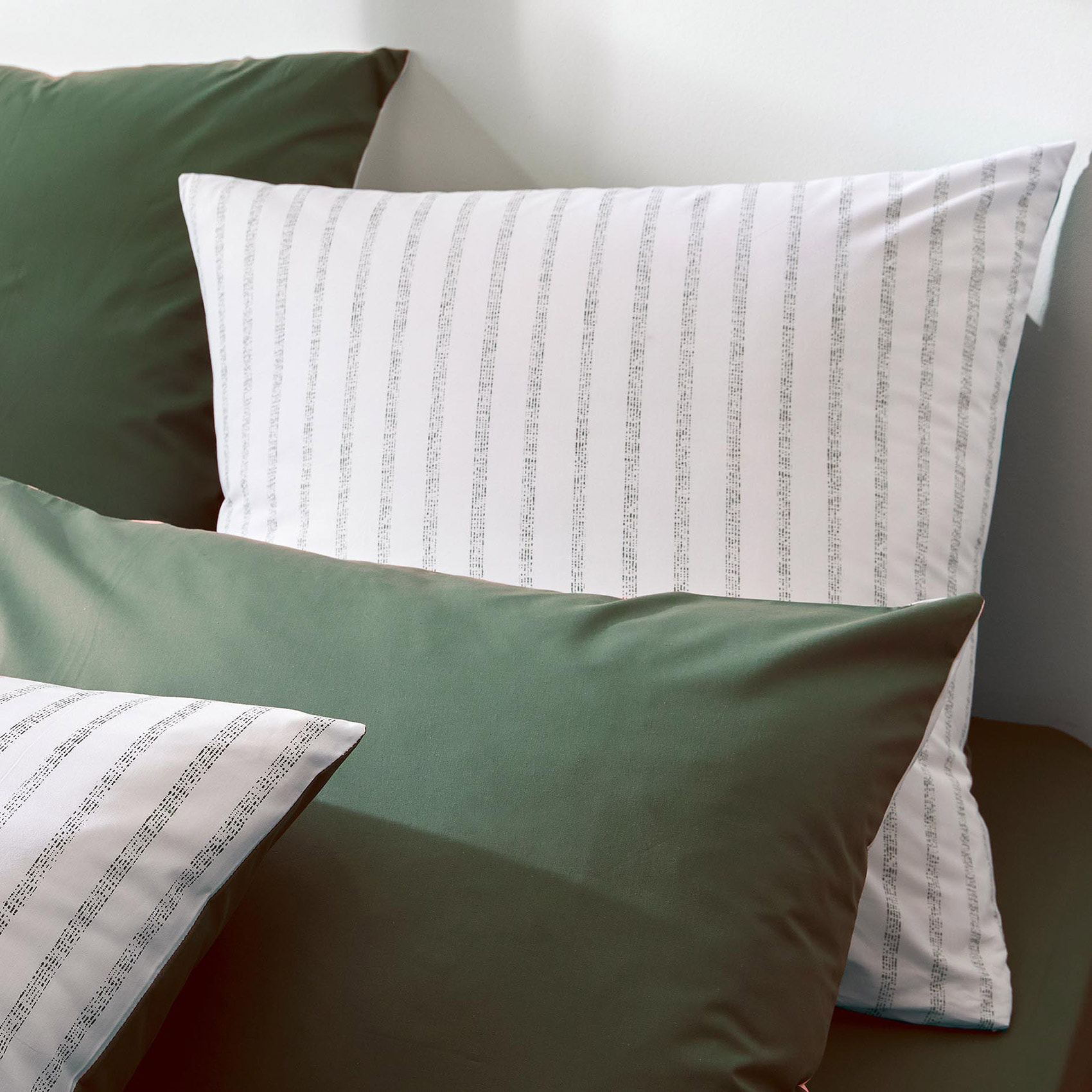 Parure de couette en percale de coton à rayures - Vert Olive