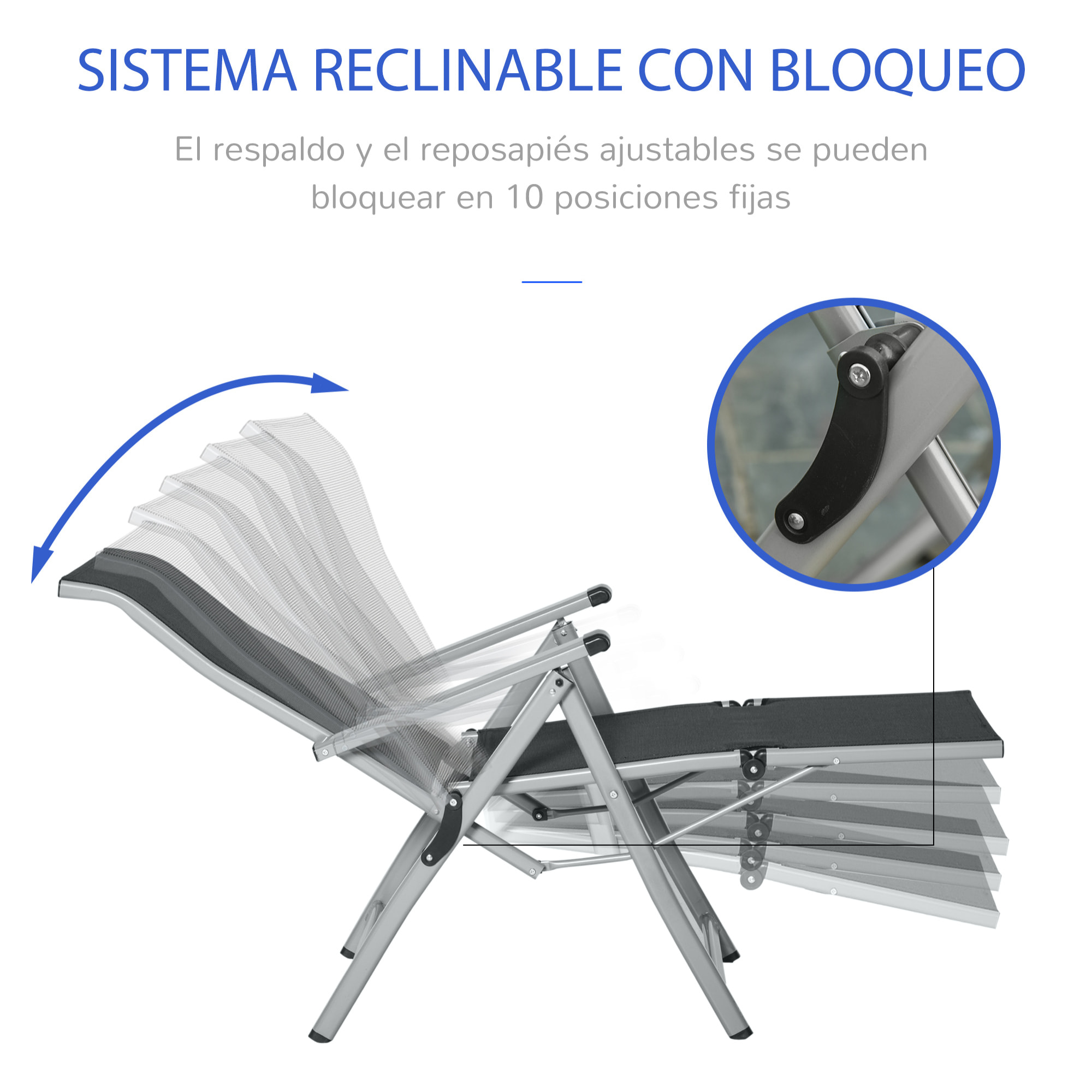 Tumbona Plegable de Jardín Sillón Ajustable en 10 Posiciones con Respaldo Alto y Reposapiés Transpirable Carga Máx. 120 kg 78x58x110 cm Negro