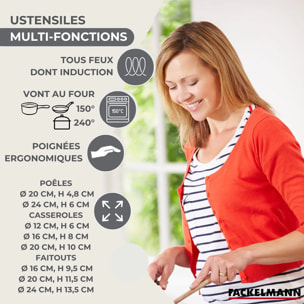 Set 2 poêles 20 24 cm 3 casseroles 12 16 20 cm, 3 faitouts 16, 20 et 24 cm en inox et 6 ustensiles RPET Fackelmann Geneva