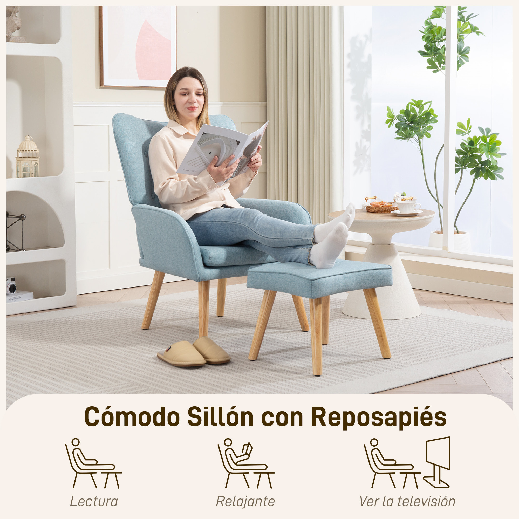 Sillón con Reposapiés Sillón Lectura con Respaldo Alto Capitoné Patas de Madera y Tapizado en Lino Butaca para Salón Dormitorio Oficina Azul Claro