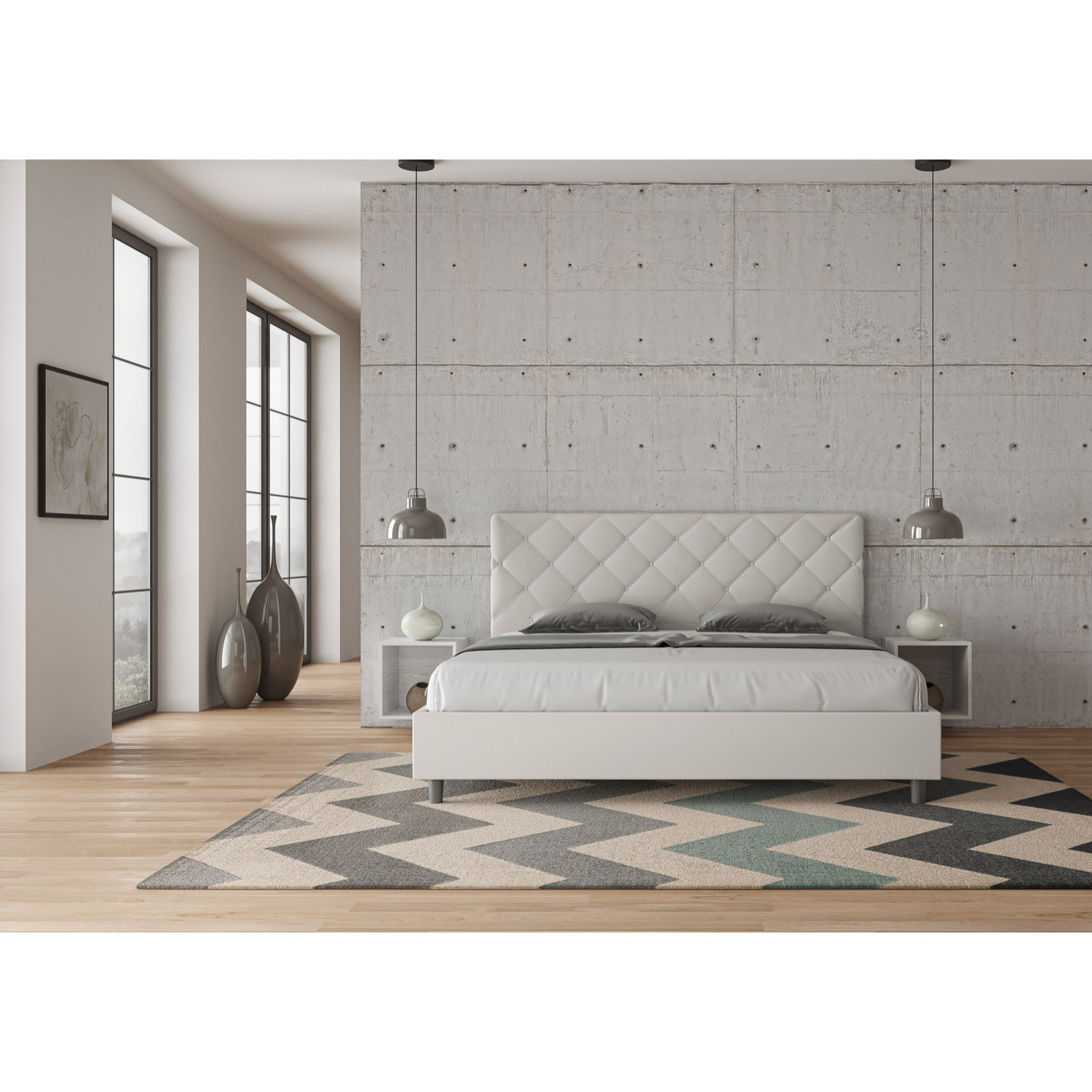 Letto matrimoniale king size contenitore imbottito 180x190 similpelle bianco Priya