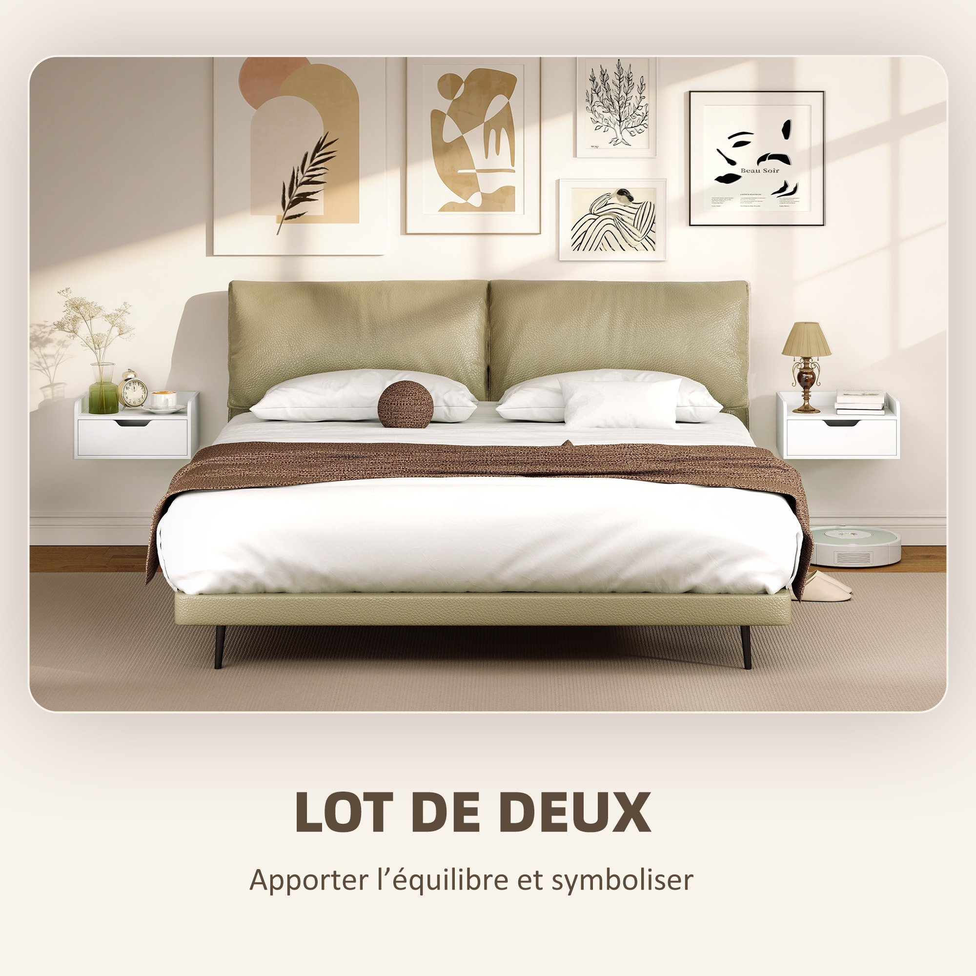 Lot de 2 chevets tables de nuit murales - tiroir coulissant, plateau - blanc