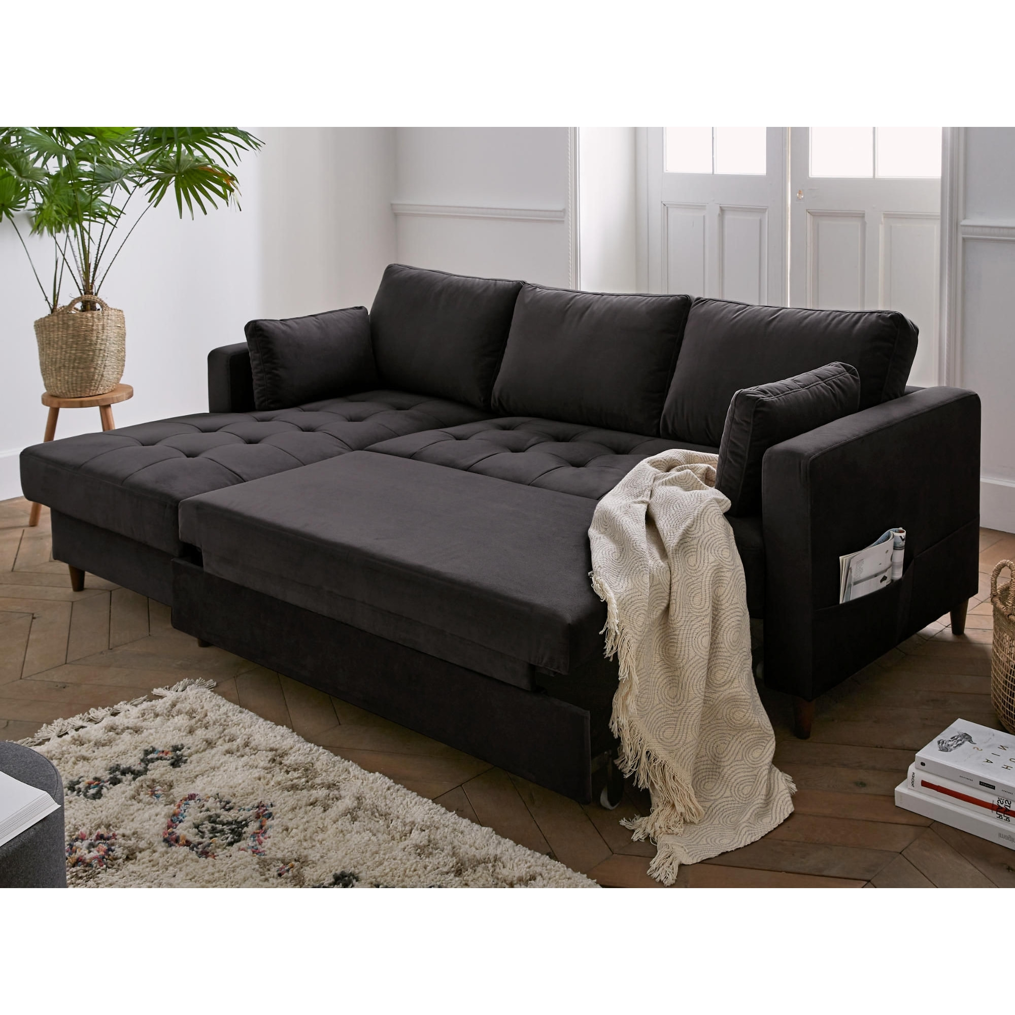 Anna - canapé d'angle gauche - 4 places - convertible avec coffre - en velours - Gris foncé