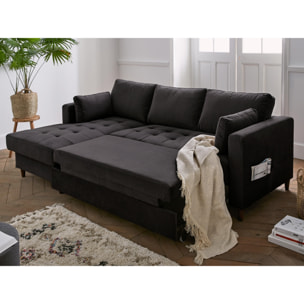 Anna - canapé d'angle gauche - 4 places - convertible avec coffre - en velours - Gris foncé