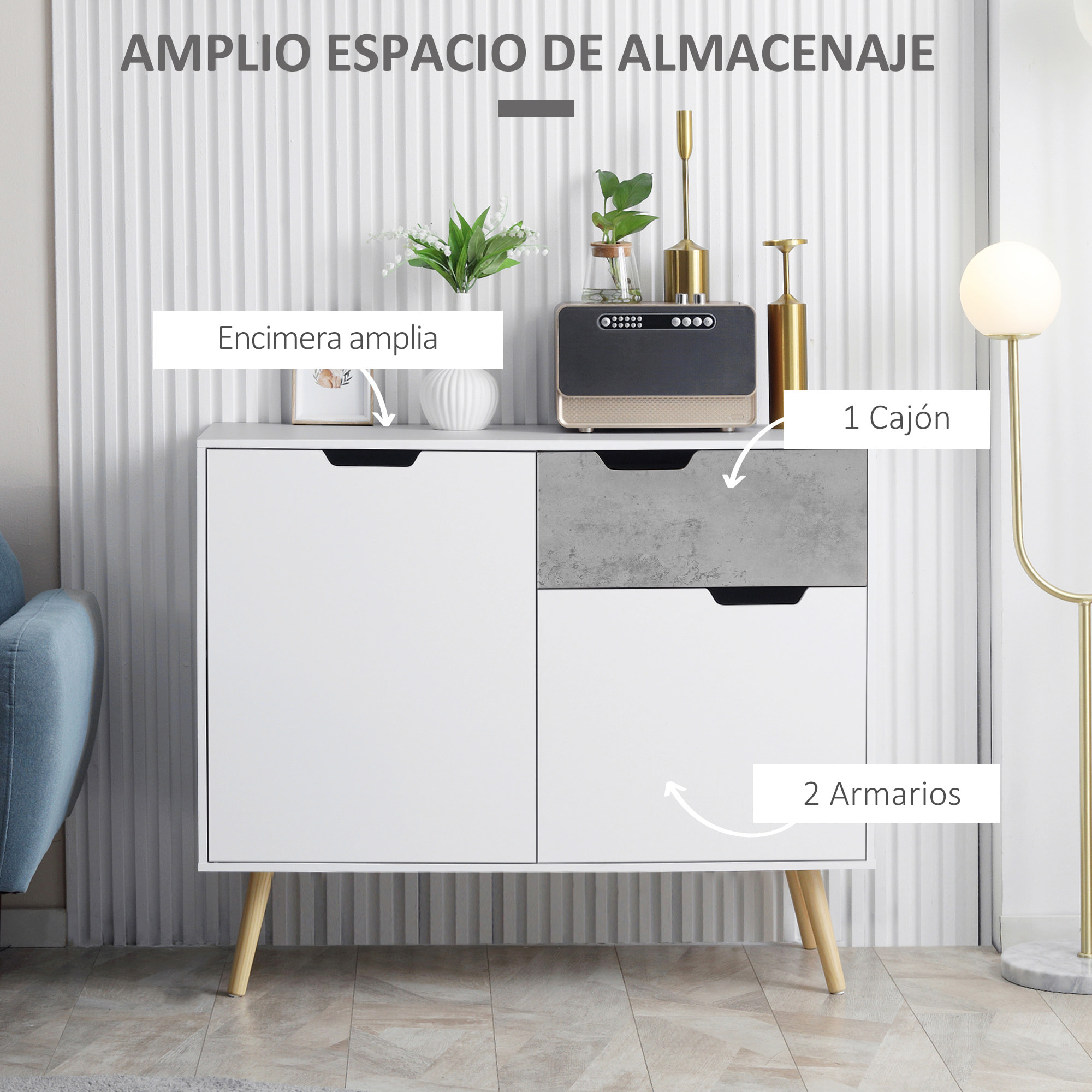 Aparador de Cocina Armario Buffet con 2 Puertas 1 Cajón Armario de Almacenaje para Salón Estudio Dormitorio Estilo Moderno 98x39x81,5 cm Blanco