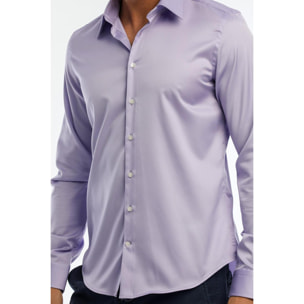 Camicia Uomo 1 Bottone Italiano Slim Satin Unito Lilla