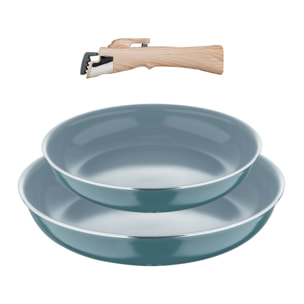 juego de 2 sartenes ø24ø28cm aluminio prensado reciclado verde + mango extraíble