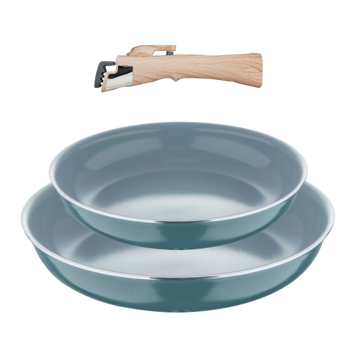 juego de 2 sartenes ø24ø28cm aluminio prensado reciclado verde + mango extraíble