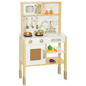 Cocina de Juguete de Madera con Sonido, Cocinita Infantil con Accesorios de Acero Inoxidable, Microondas, Horno, Fregadero, Verduras para Cortar, para Niños a Partir de 3 Años, Dorado