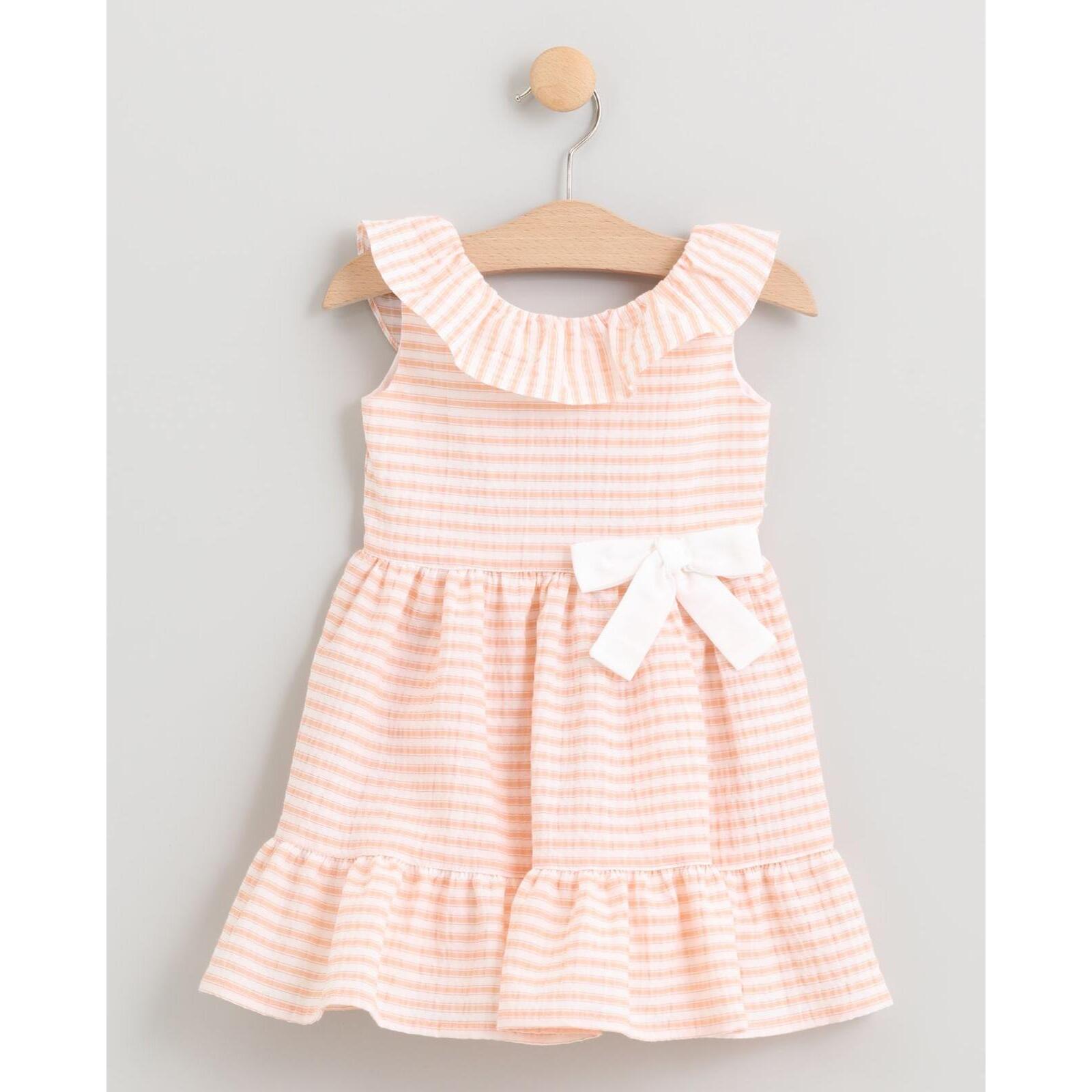 VESTIDO DE RAYAS NARANJAS CON VOLANTE EN ESCOTE Y LAZO BLANCO