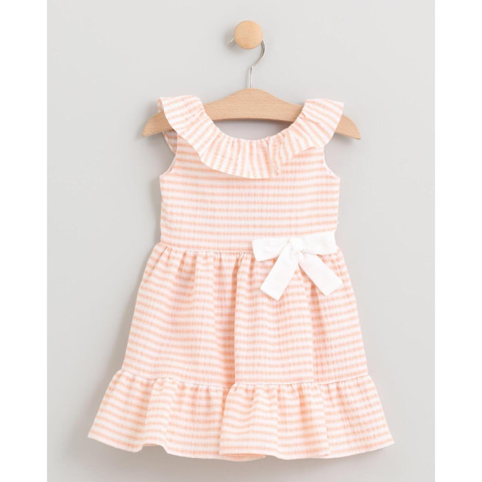 VESTIDO DE RAYAS NARANJAS CON VOLANTE EN ESCOTE Y LAZO BLANCO