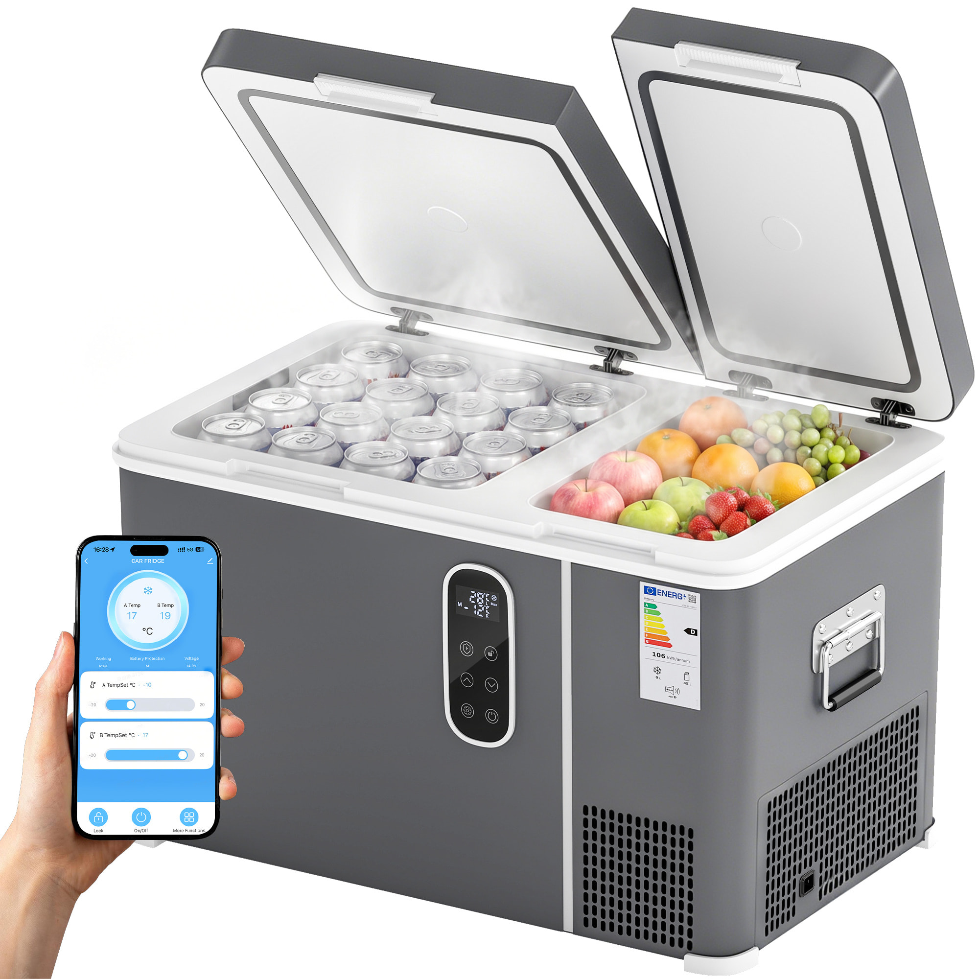 Nevera Portátil Eléctrica 35L 12/24/240V Refrigerador de Coche con Compresor Doble Zona Control por App Bluetooth Luz LED Pantalla Modos ECO y MAX de -20℃ a +20 ℃ Asa para Viajes Camping