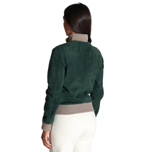 Bomber in pelle scamosciata verde collo in lana merino