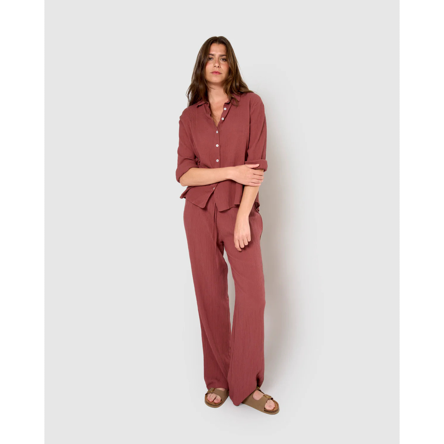Pantalón algodón lino malva/rosa