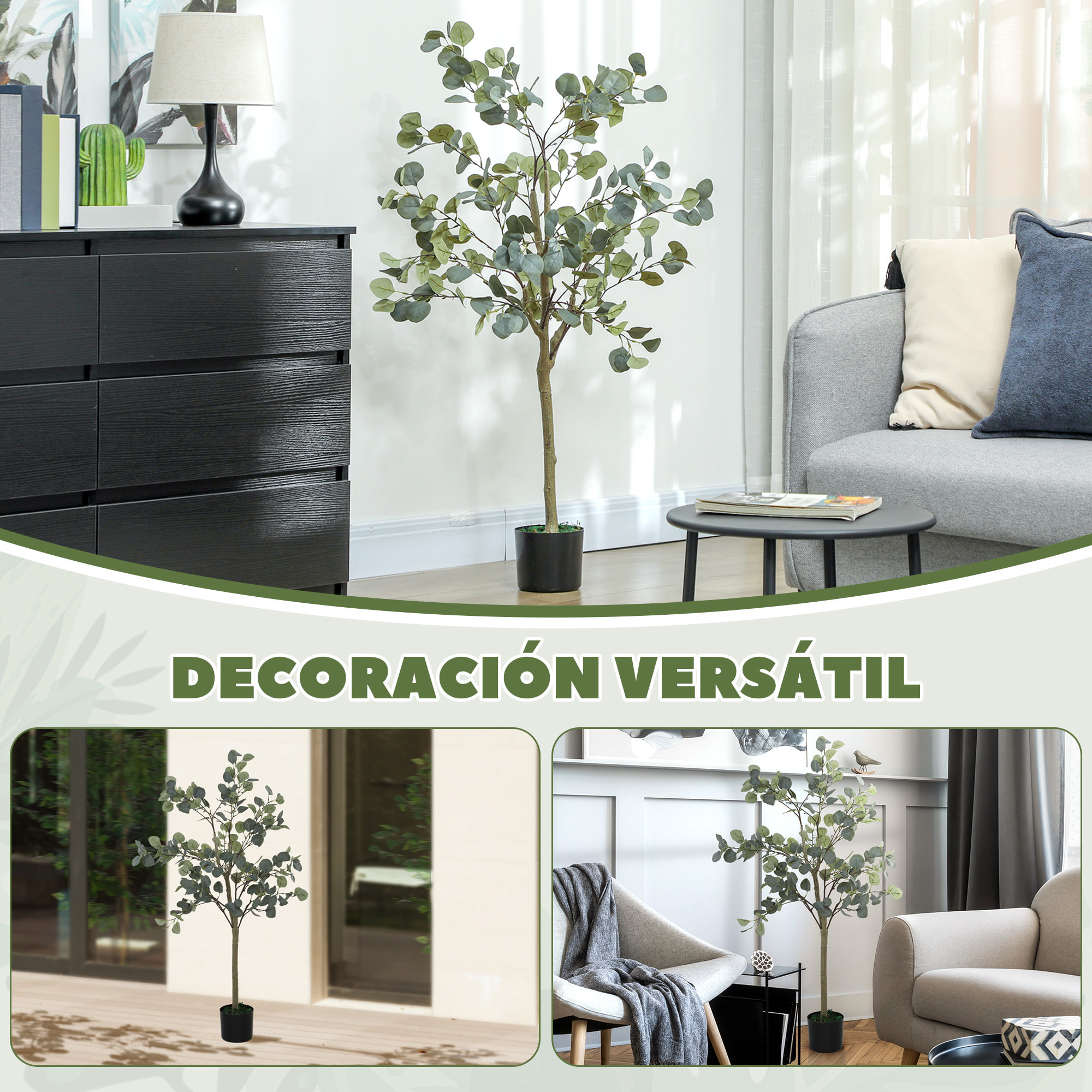 Planta Artificial Decorativa Grande 120 cm Eucalipto Artificial Árbol Sintético de Interior con 230 Hojas Decoración para Hogar Oficina Balcón Dormitorio Verde