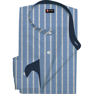 Camicia Uomo Coreano Slim Lino Cotone Riga Larga Celeste/Bianco