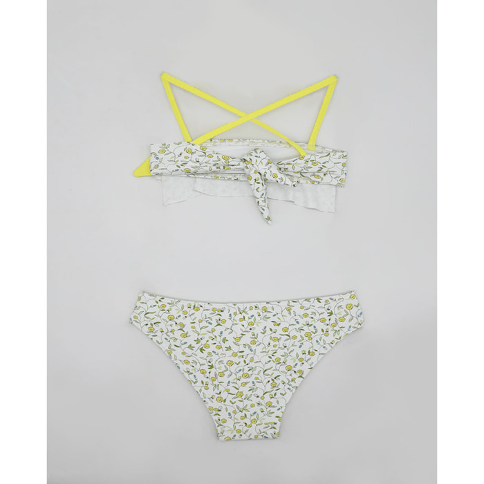 BIKINI FLORECITAS AMARILLAS CON TIRANTES Y LAZO AMARILLO