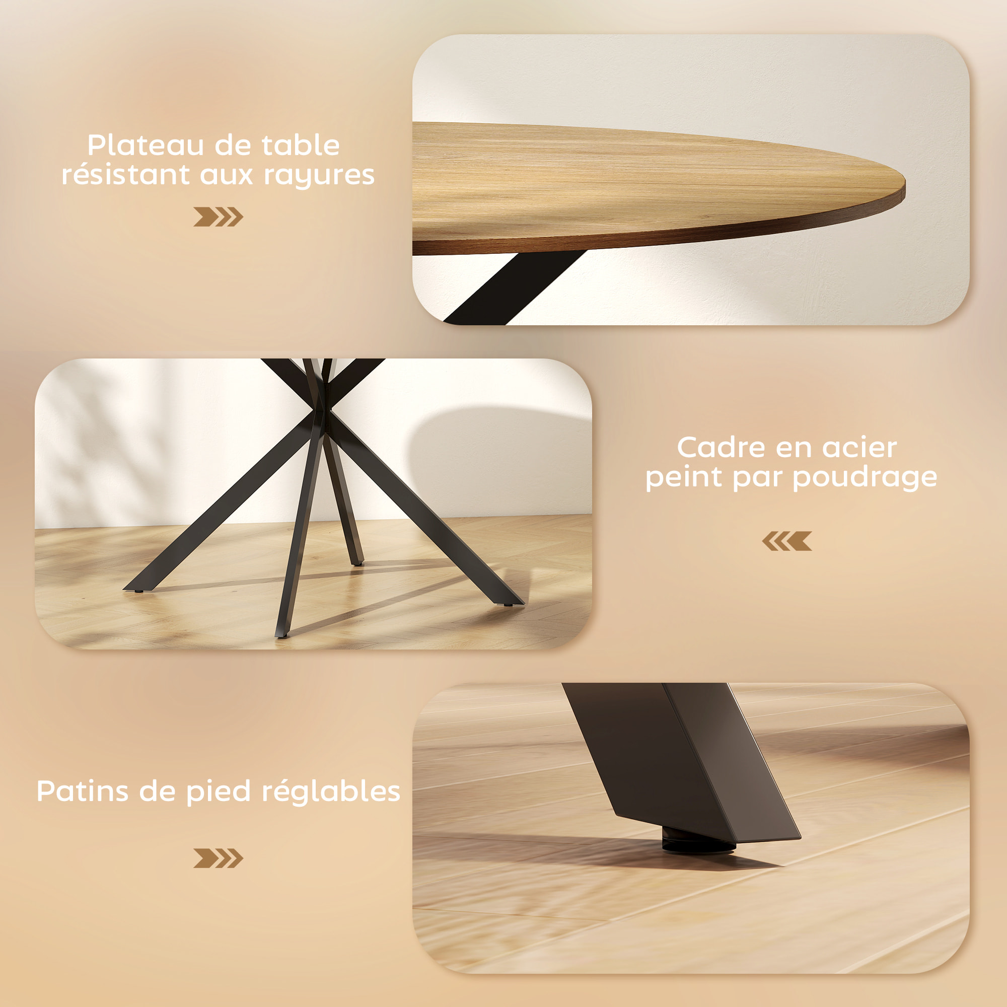 Table ronde bois 4 personnes dia. 120 cm style industriel piètement croisé acier noir