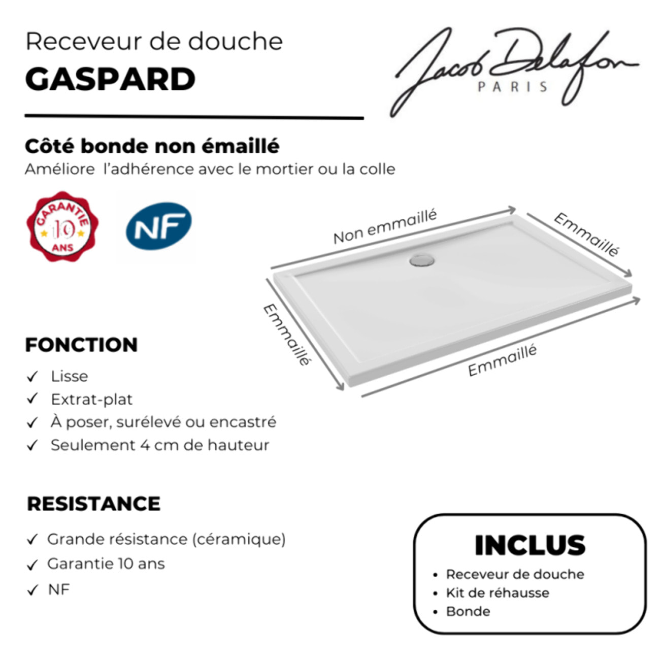 Receveur de douche 100 x 80 Gaspard rectangle céramique avec kit de réhausse et bonde