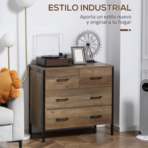 HOMCOM Cajonera con 4 Cajones Cómoda de Dormitorio de Madera Mueble Almacenaje para Salón Habitación Oficina Estilo Industrial Antivuelco 80x40x75 cm Marrón