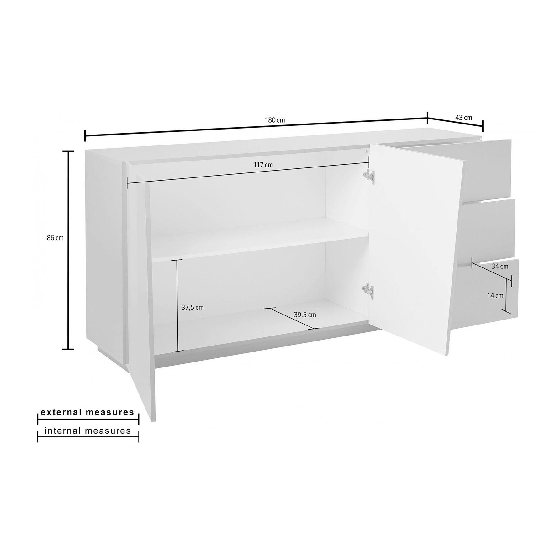 Credenza moderna a 2 ante e 3 cassetti, Made in Italy, Madia da cucina, Buffet di design da soggiorno, cm 180x43h86, colore Grigio Ardesia