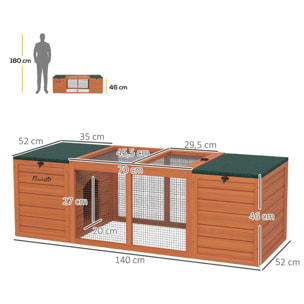 PawHut Conejera de Madera Jaula para Conejo con 2 Nidos 1 Puerta Superior Zona Abierta y Techo Asfáltico para Exterior 140x52x46 cm Natural