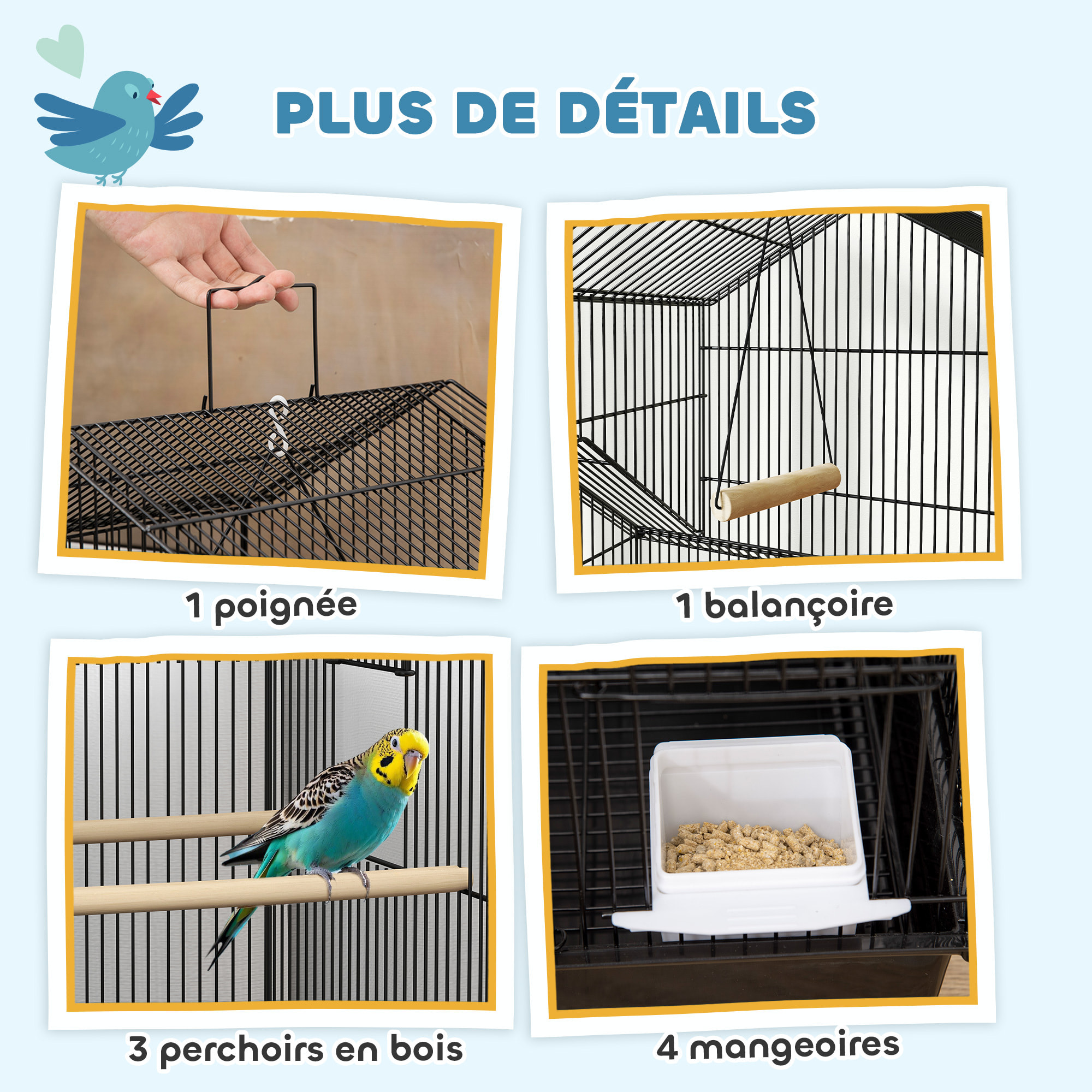 Cage à oiseaux design maison sur roulettes mangeoires perchoirs balançoire grande porte 8 trappes plateau déjection