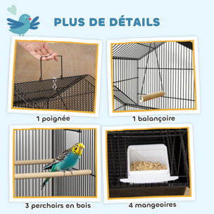 Cage à oiseaux design maison sur roulettes mangeoires perchoirs balançoire grande porte 8 trappes plateau déjection