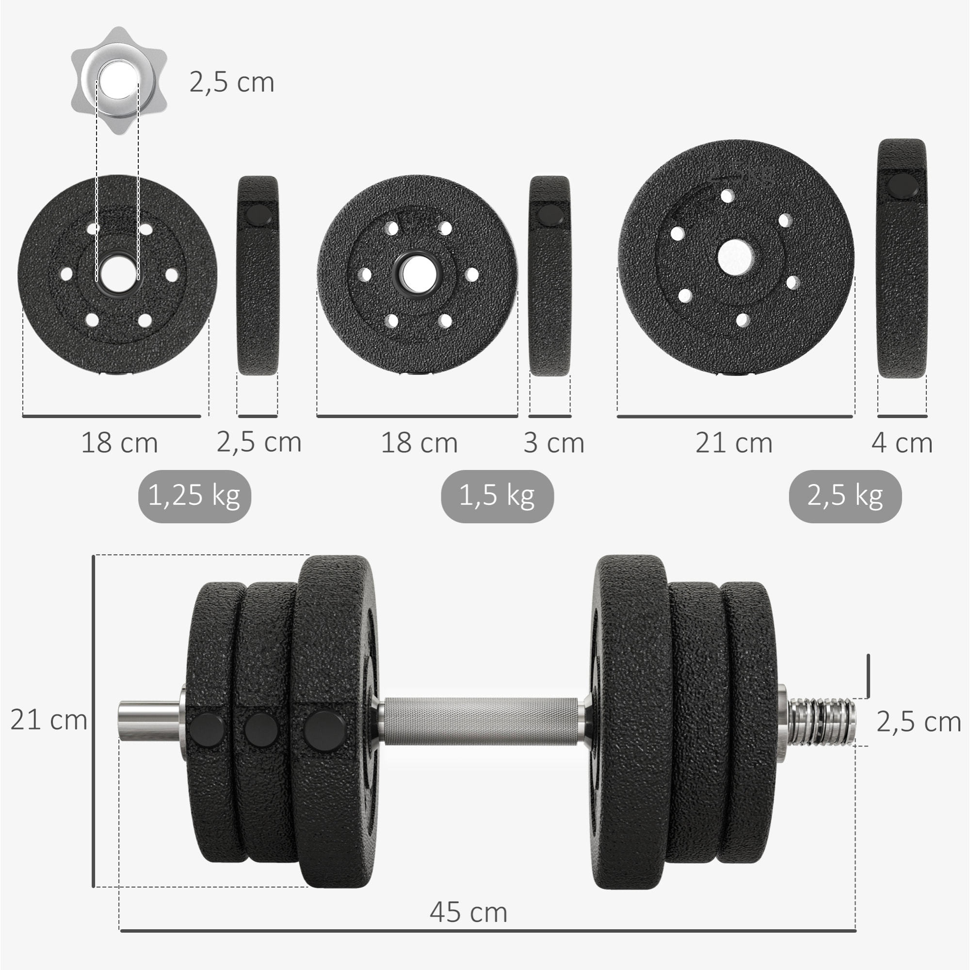 Ensemble d'haltères courtes total 25 Kg - barres incluses - entraînement musculaire & haltérophilie - acier PU noir