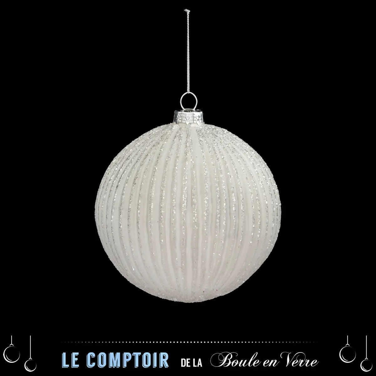 Boule striée pailletée 10cm verre blanc