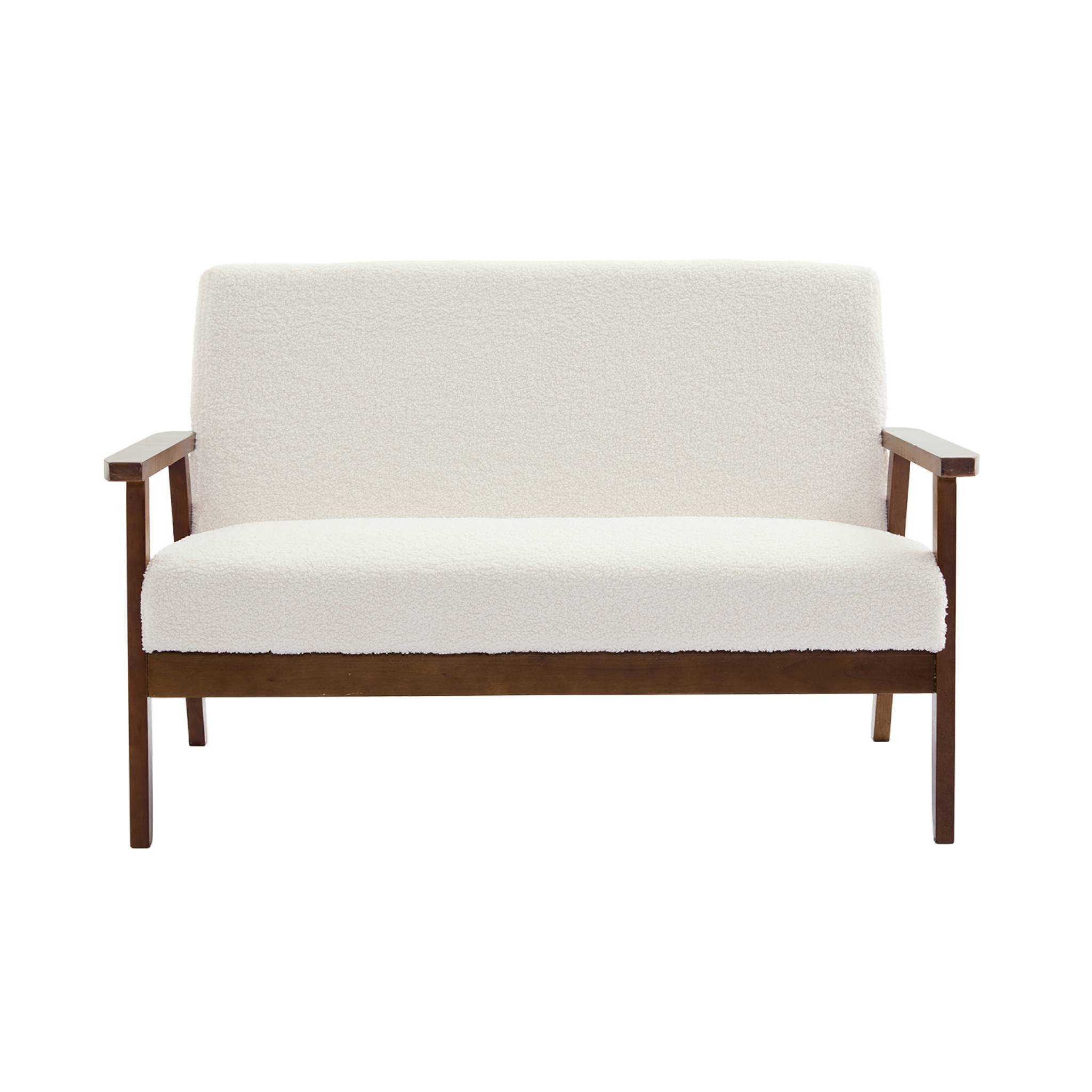 Canapé banquette 2 places et fauteuil tissu bouclette. pieds teinté noyer clair