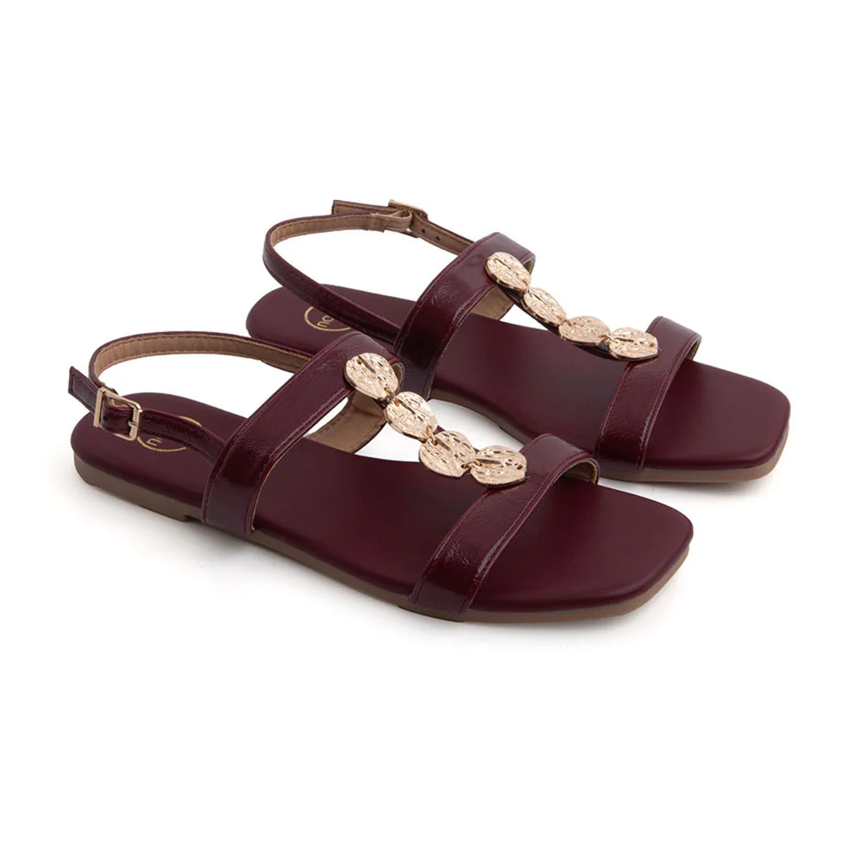 Sandalo flat con dettagli leaf gold - VINO ROSSO