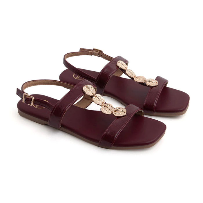 Sandalo flat con dettagli leaf gold - VINO ROSSO