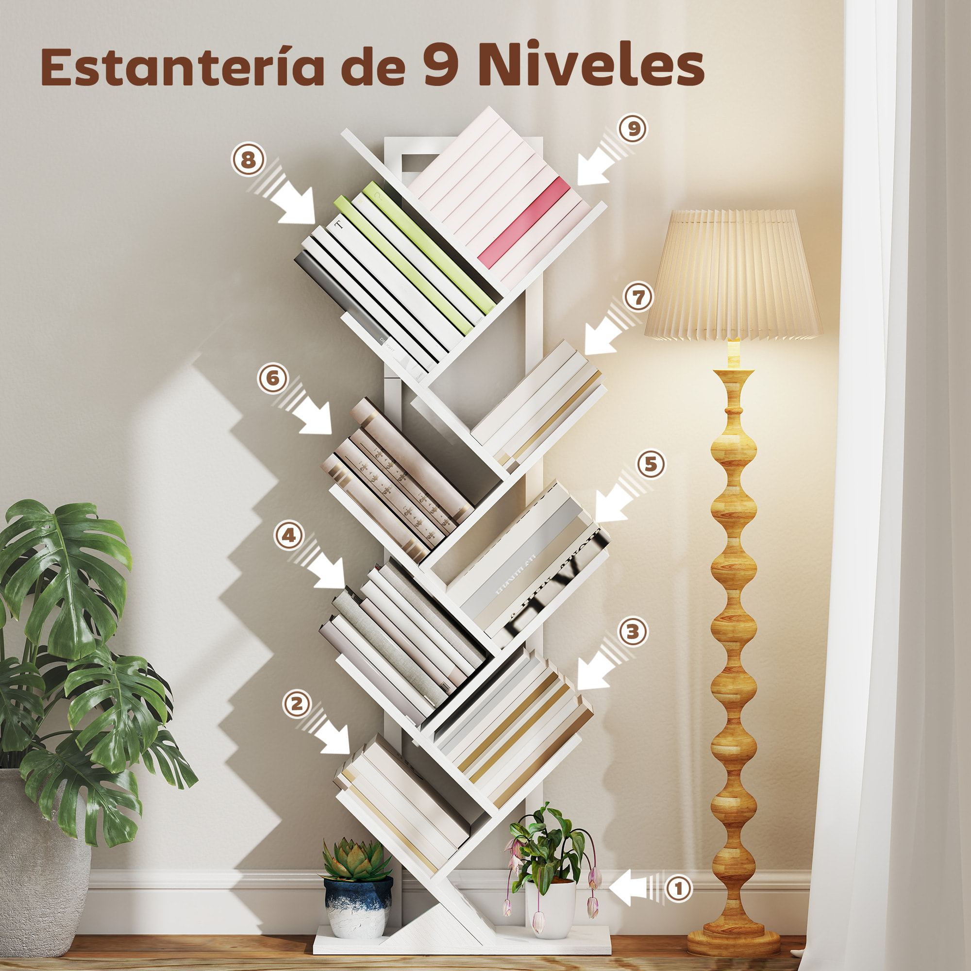 Librería en Forma de Árbol de 9 Niveles, Estantería de Libros con 9 Estantes, Estructura de Acero, para CD, DVD, Álbumes, Sala de Estar, Oficina, Estudio, Dormitorio, 50x24x136 cm, Blanco