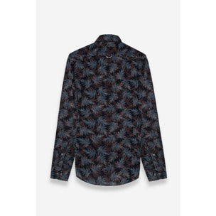 Camicia Uomo 1 Bottoni Button Down Slim Popeline Fantasia Verde Scuro e Mattone