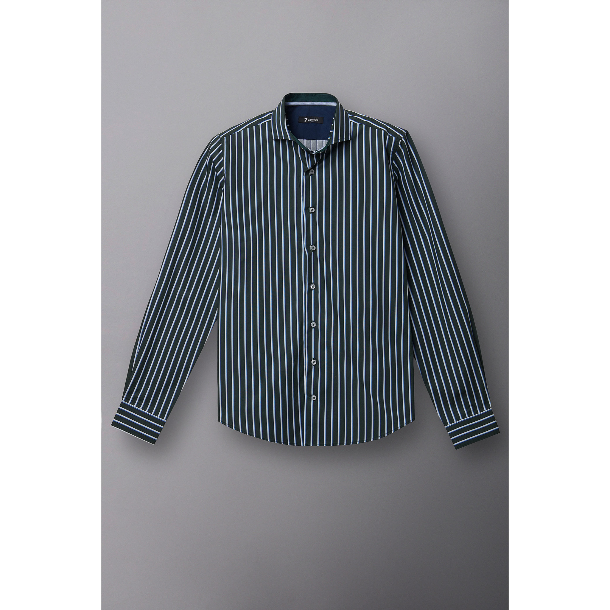 Camicia Uomo 1 Bottone Francese Slim Popeline Riga Larga Verde e Bianco