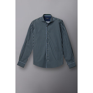 Camicia Uomo 1 Bottone Francese Slim Popeline Riga Larga Verde e Bianco