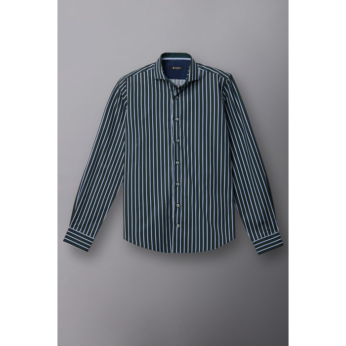 Camicia Uomo 1 Bottone Francese Slim Popeline Riga Larga Verde e Bianco