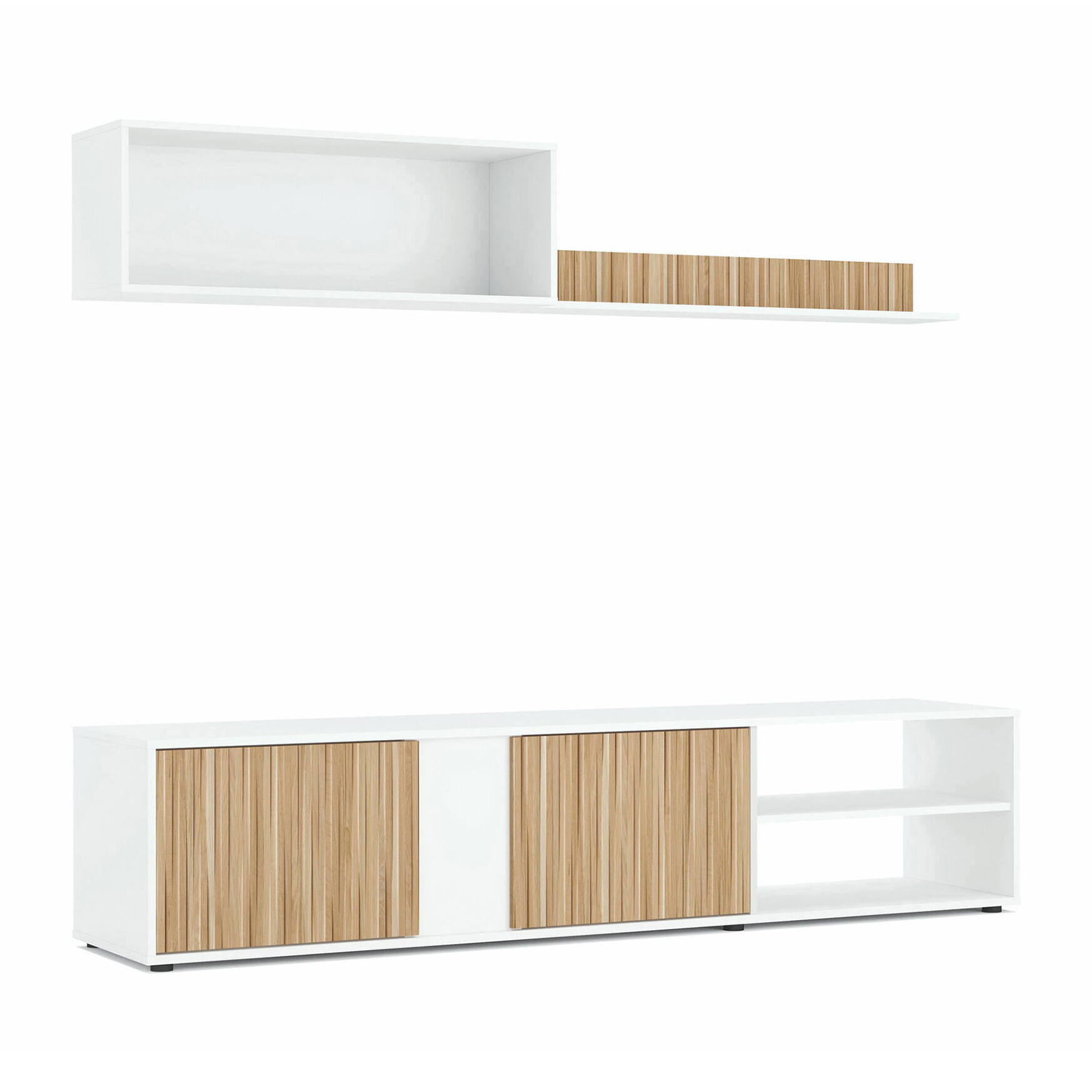 Parete attrezzata Agrestino, Mobile da soggiorno porta TV, Composizione set salotto, Set salotto con pensile, 180x33h40 cm, Bianco e Rovere