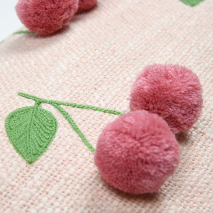 Coussin avec cerises en relief pompons - Beige