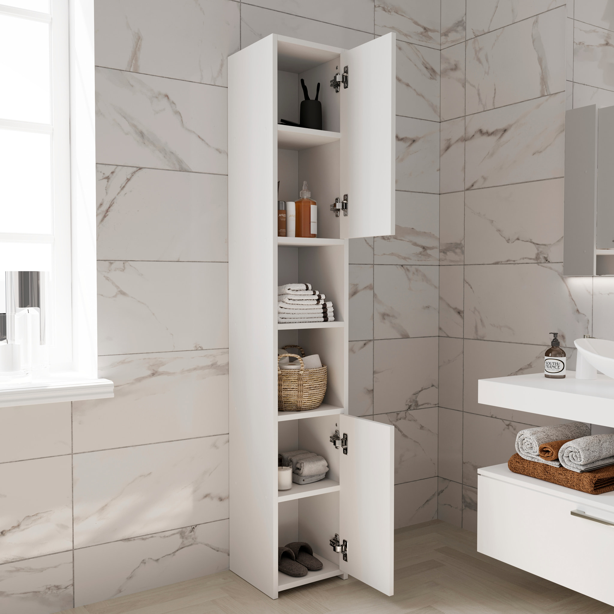 Armadio Armadietto Mobile Alto Bagno Multiuso Colonna 2 Ante 6 Ripiani Salvaspazio Mobiletto Asciugamani Ingresso Camera Letto 180x30x30 Cm Bianco