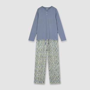 Pigiama lungo irene in cotone blu con scollo a v