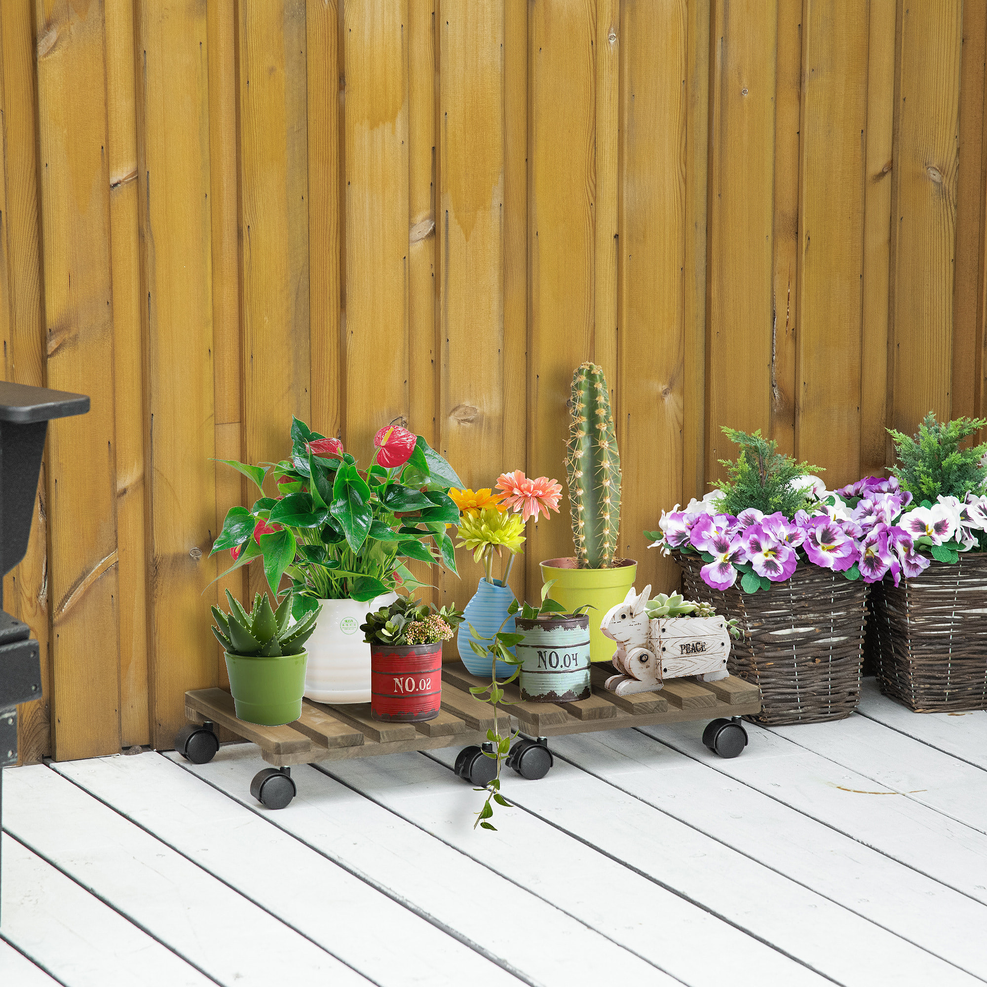 Pack de 2 Plataformas con Ruedas de Madera, Soportes para Plantas con Ruedas 360 ° Giratorias Bloqueables, Bases para Macetas, Exterior, Interior, Jardín, Carga 50 kg, Marrón Oscuro