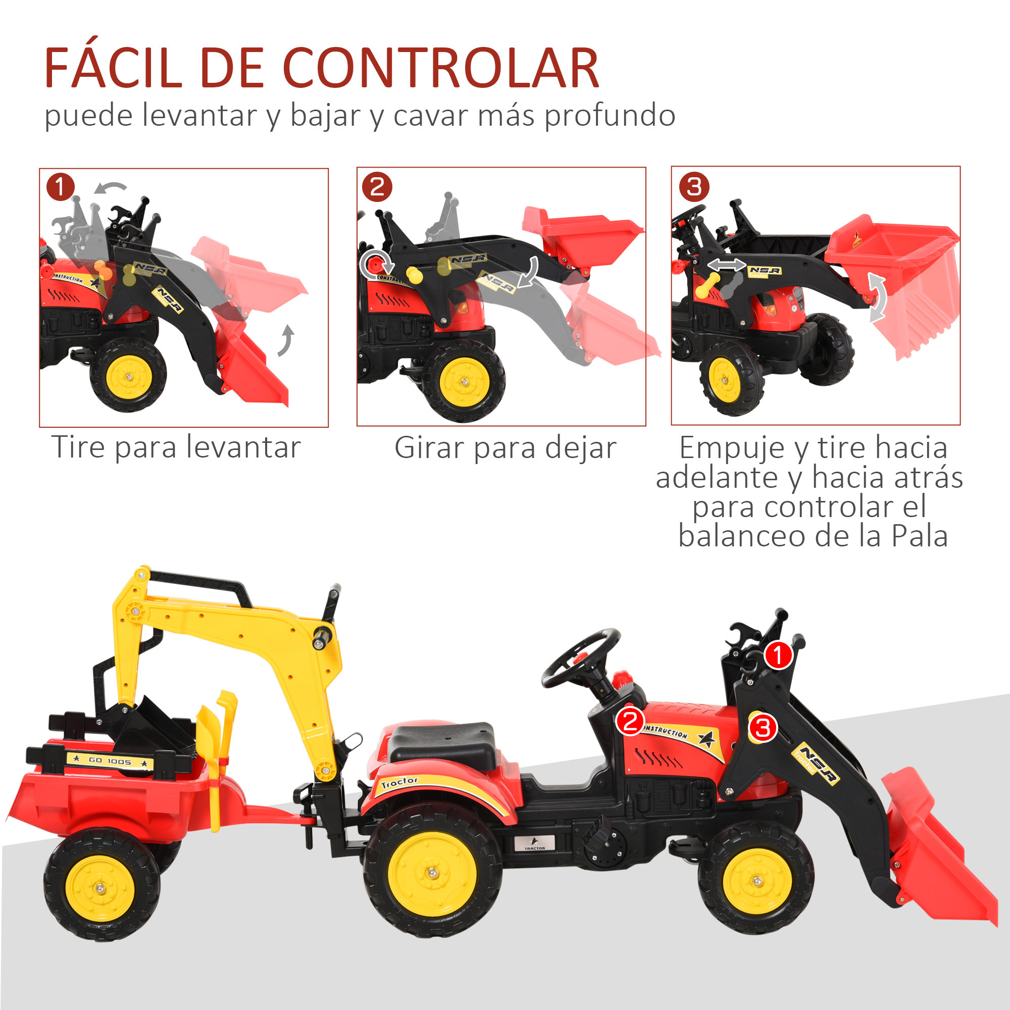 Tractor a Pedales para Niños con Remolque y Pala Frontal Rojo