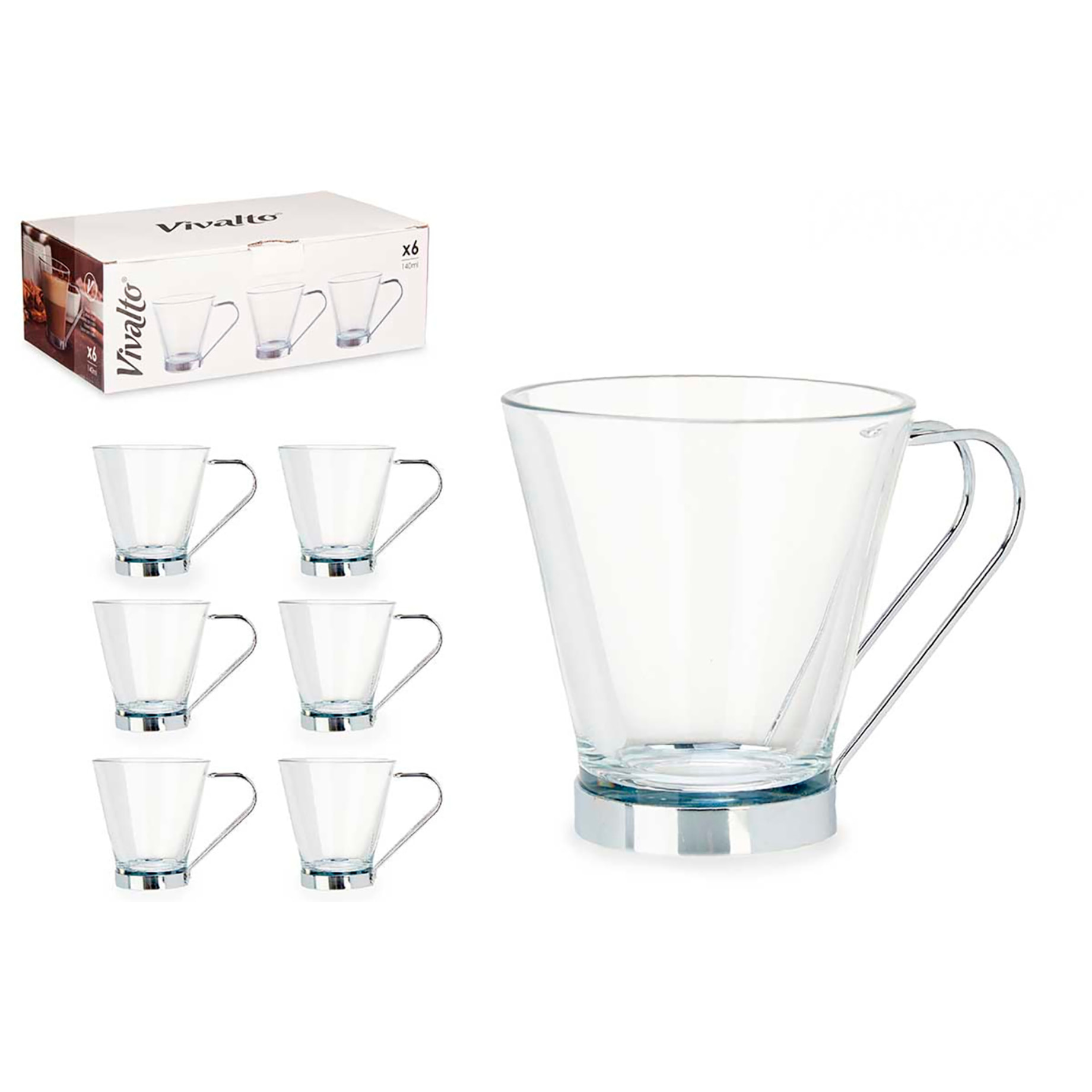 PACK 6 TAZAS VIDRIO CON ASA METAL 140 ML CORTADO