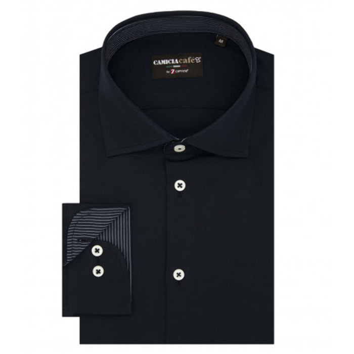 Camicia Uomo 1 Bottone Francese Slim Cotone Poliestere Unito Blu