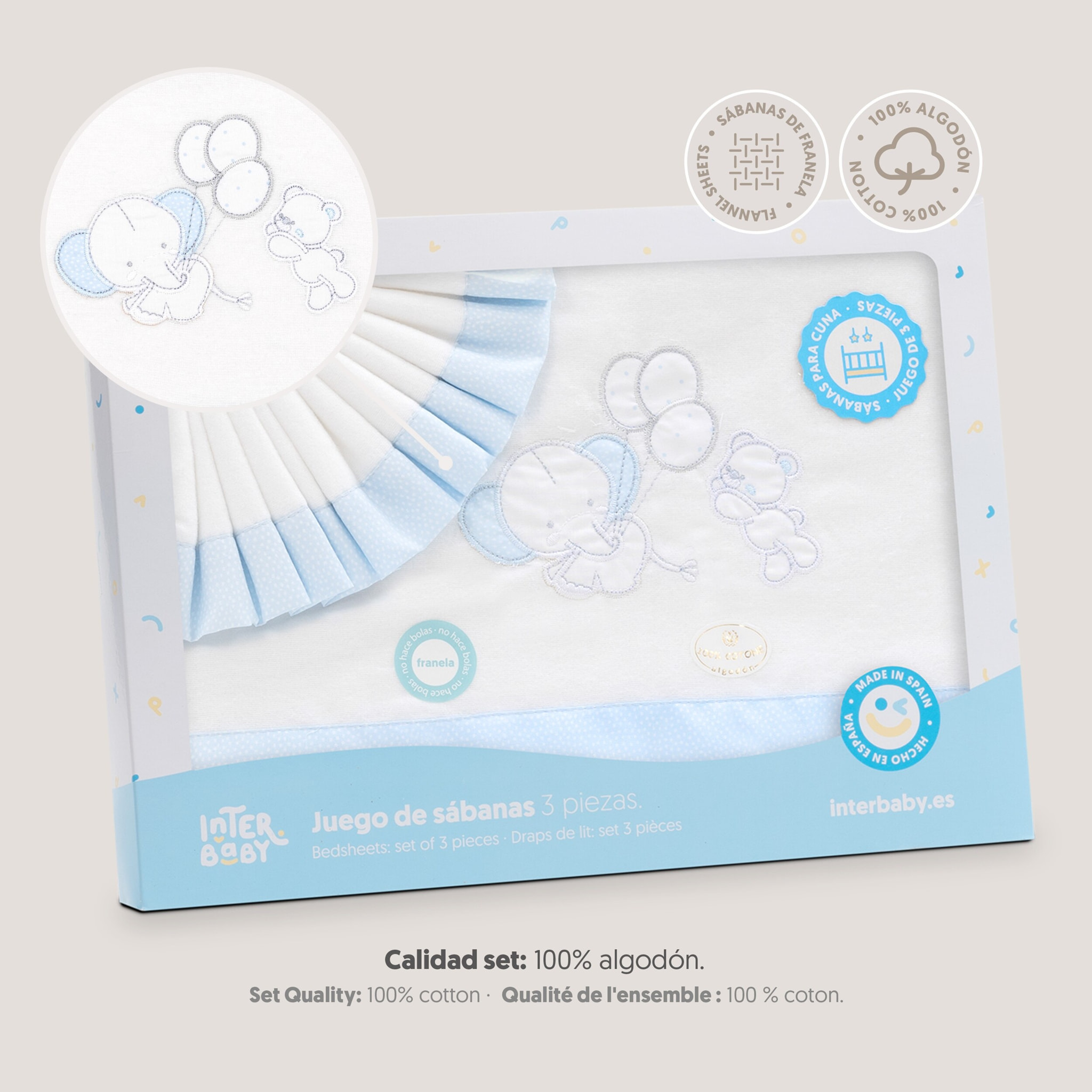 Triptico Cuna Franela Oso Elefante Globos Bco/Azul
