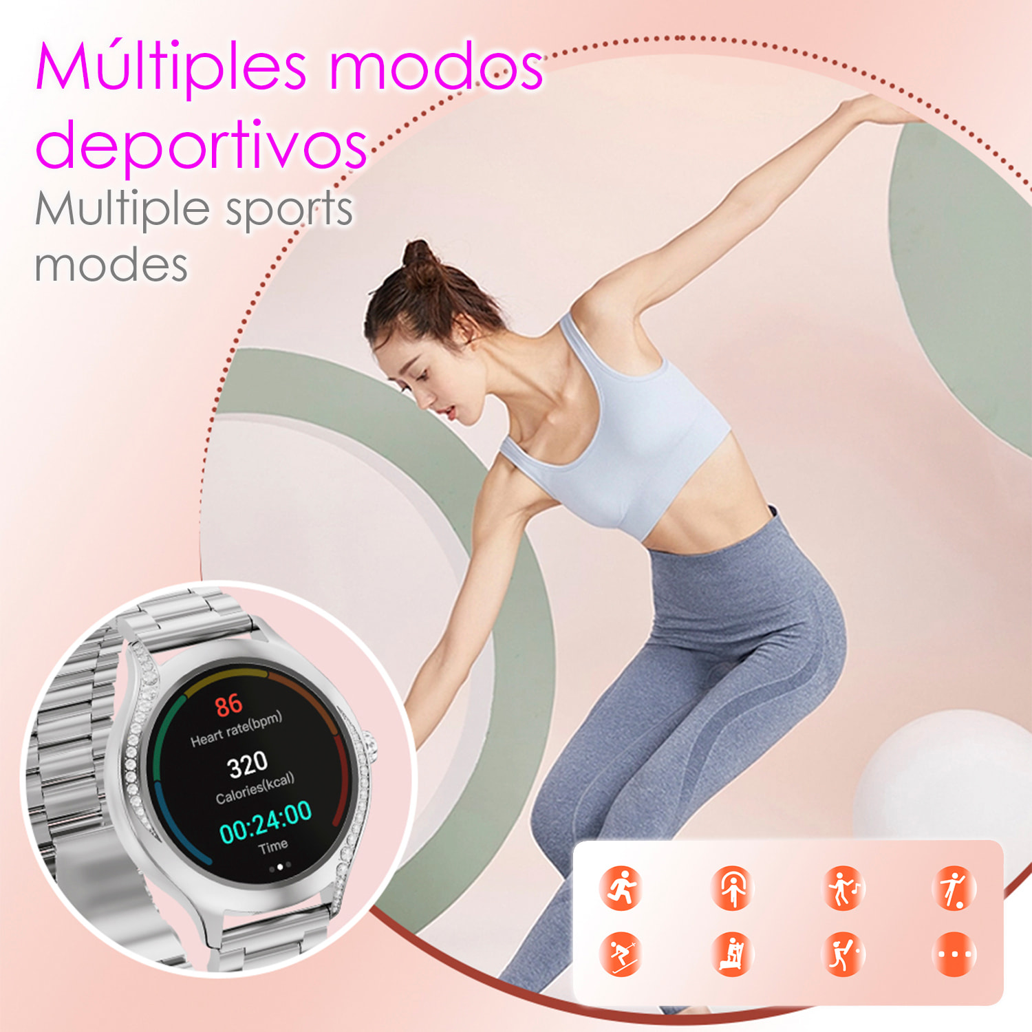 DAM Smartwatch T214 compacto y elegante. Llamadas BT, notificaciones push. Monitor de salud, ciclos femeninos. Modos deportivos. 4,1x1,1x4 Cm. Color: Negro