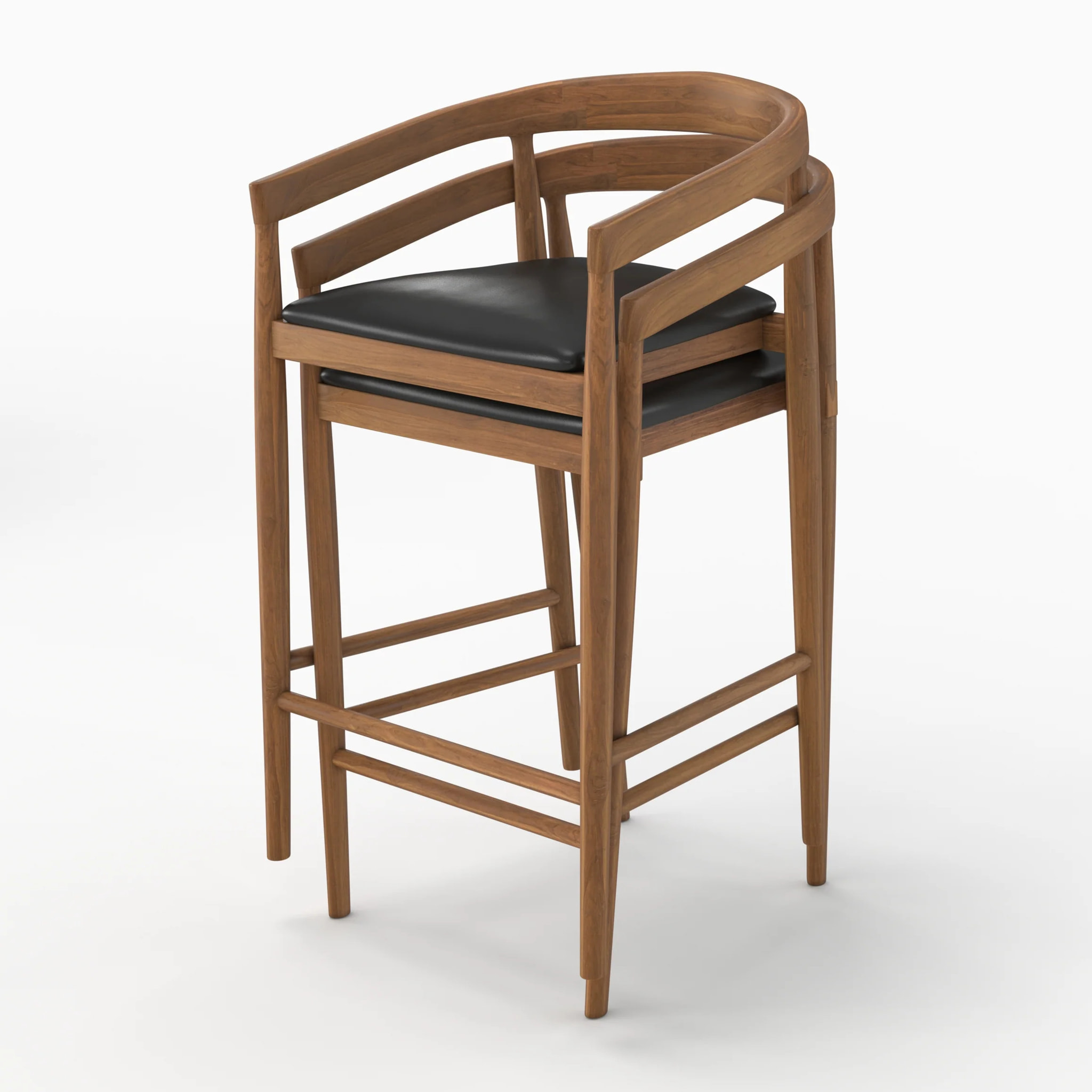 Lot de 2 chaises de bar 77 cm en teck vernis et assise en cuir noir - Bali